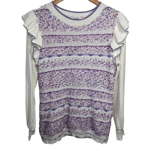 Fate Anthropologie Sweater Women Size S White Purple Ruffle Long Sleeve Spring - Picture 1 of 10